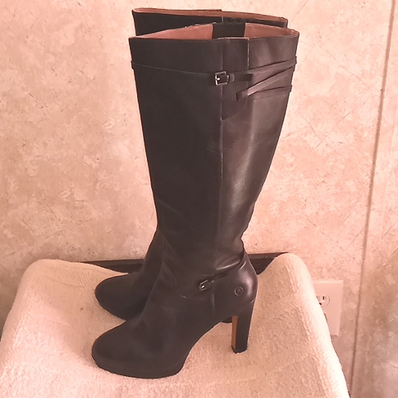Women's Bronx Black Heel tall platform leather boots, pre loved good condition, - Picture 1 of 14